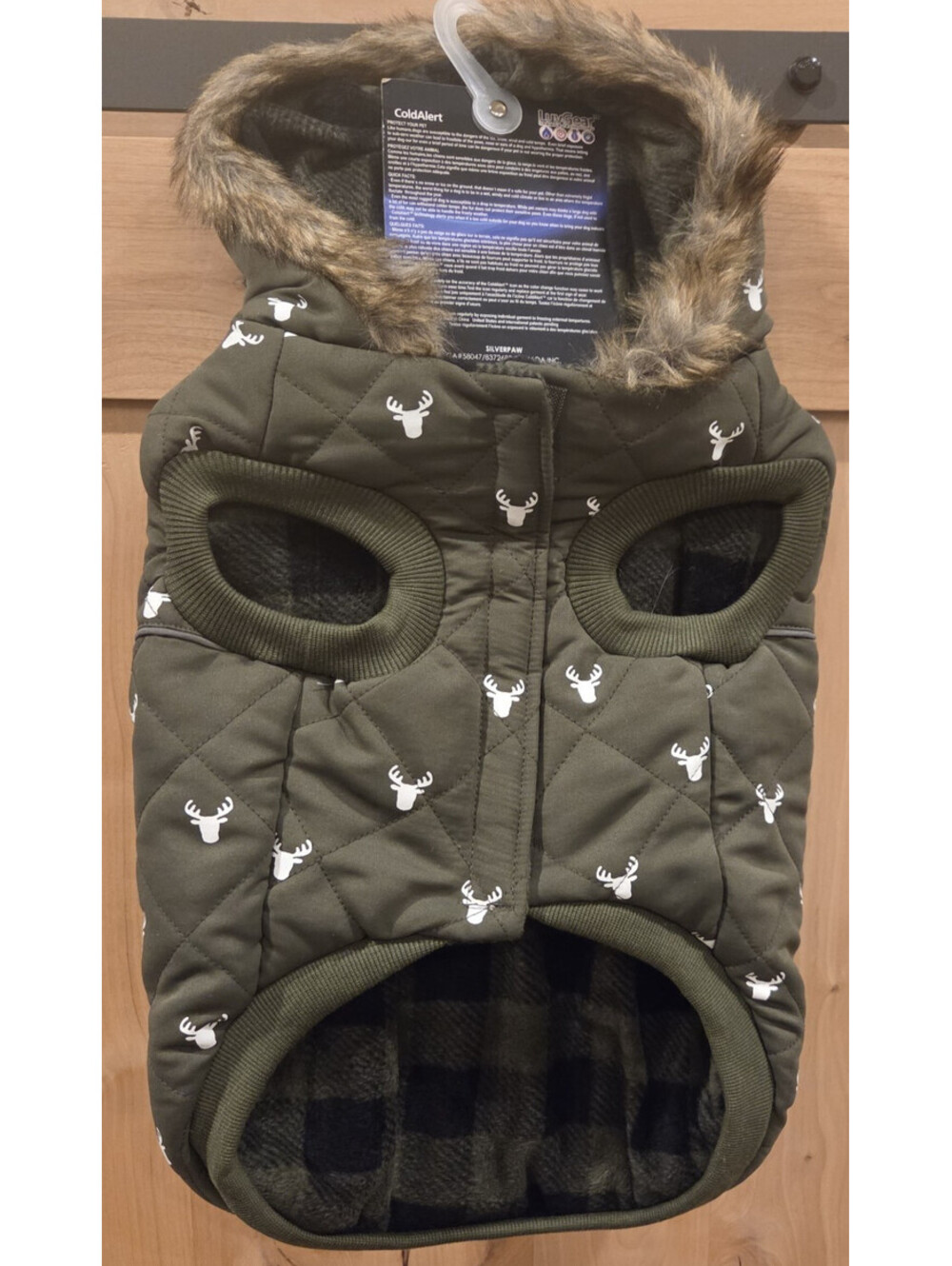LuvGear ColdAlert Dog Jacket Coat L/G Green Deer Print Faux Fur Hood NWT